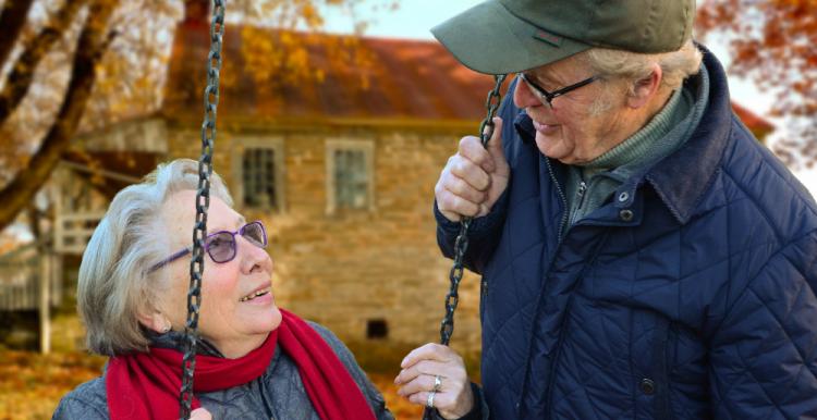 Lady sat on a swing with man pushing 