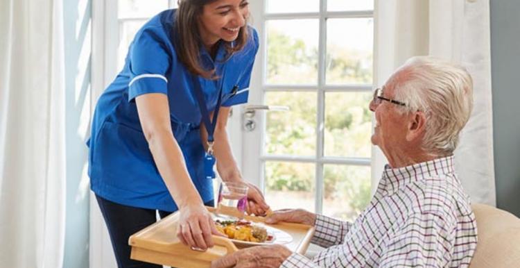 healthcare assistant and an older man in a chair 