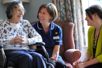 Care setting resident with visitor and care professional